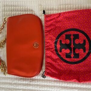 Tory Burch Vibrant Orange Clutch with Gold Chain